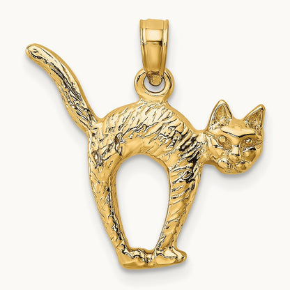 3-D Textured Arch Back and Raised Tail Cat Charm, 14K