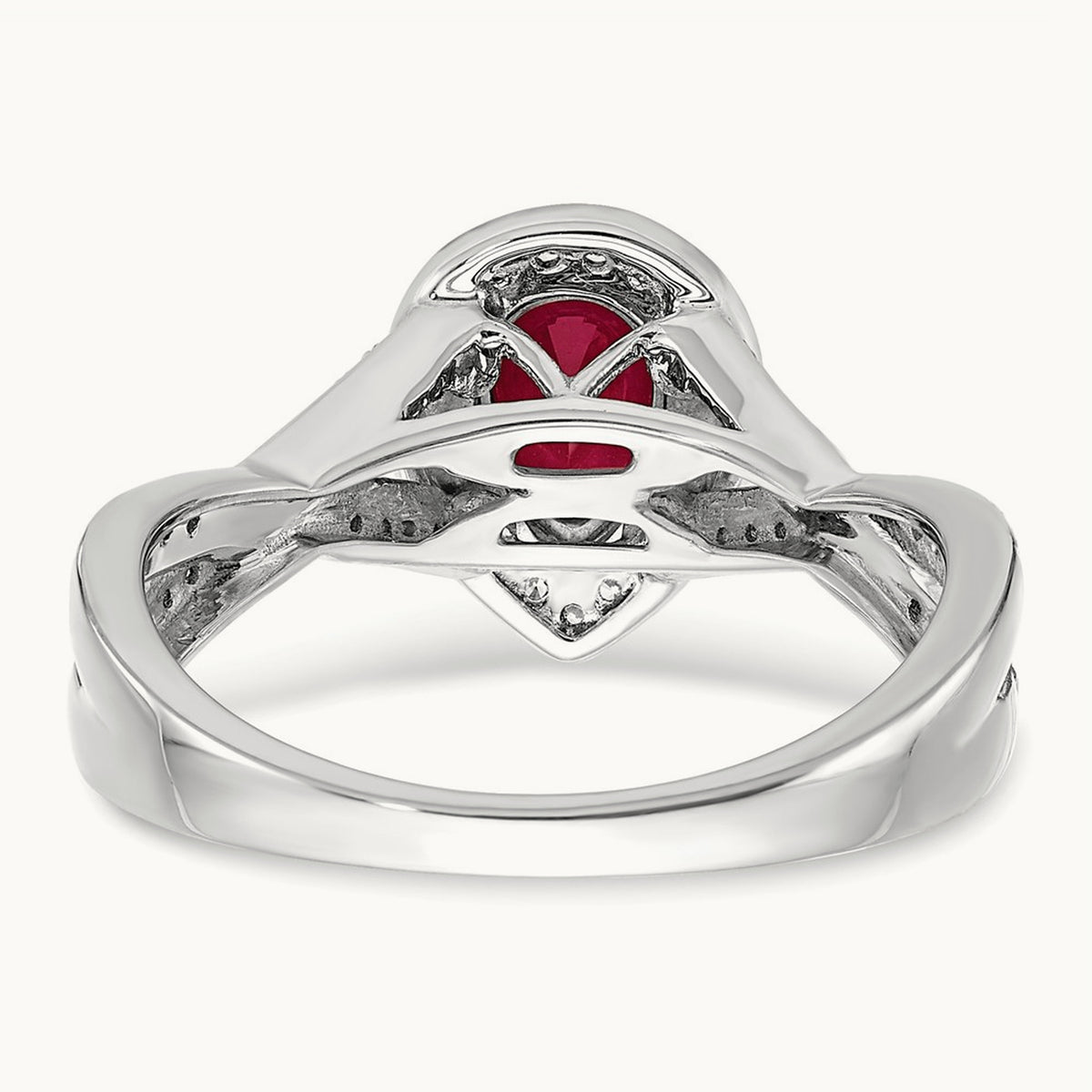 Pear Created Ruby and Diamond Halo Ring, 14K White Gold