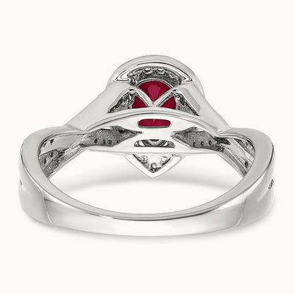 Pear Created Ruby and Diamond Halo Ring, 14K White Gold