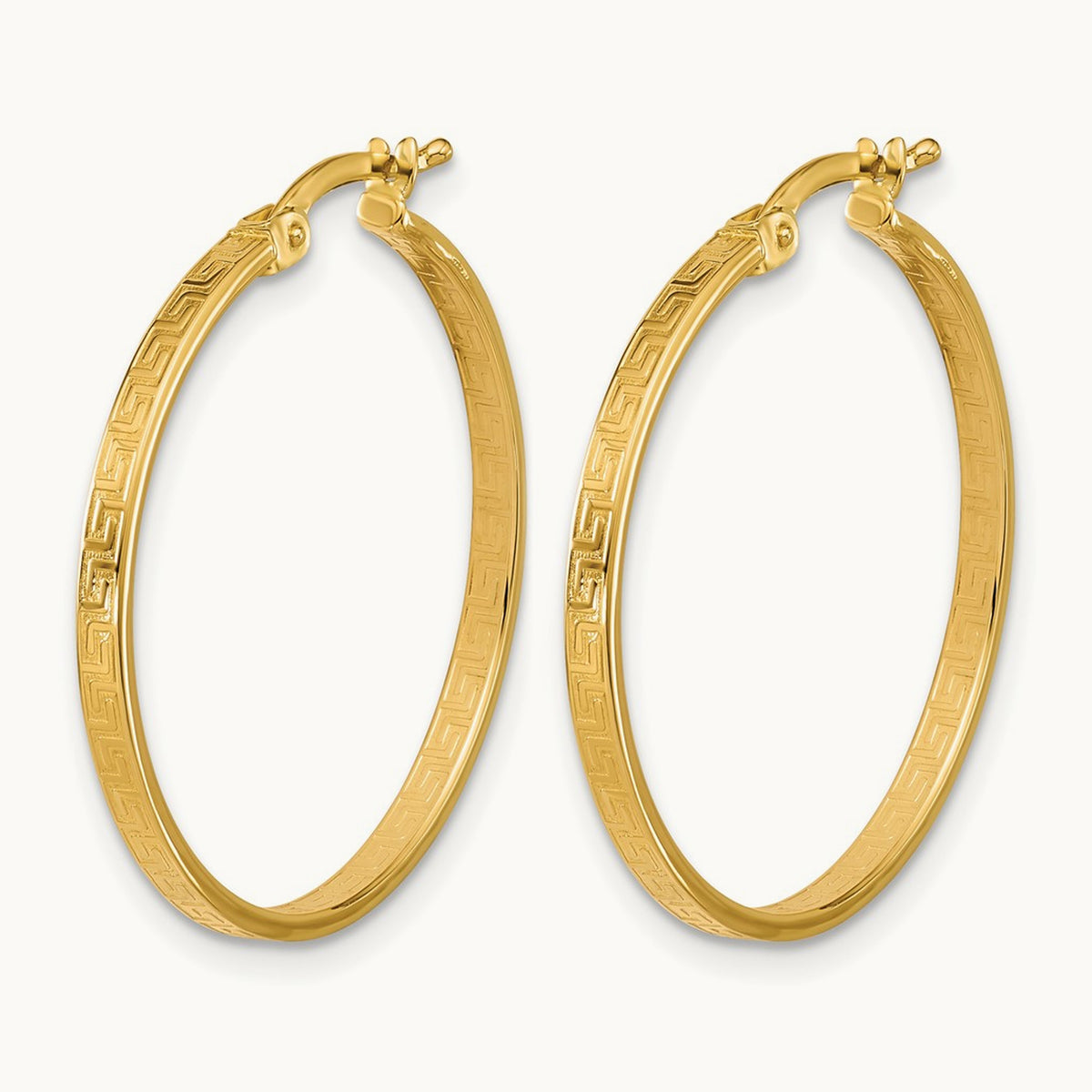 Polished Greek Key Round Hoop Earrings — 28mm