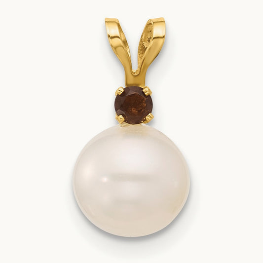 7- White Round FWC Pearl Smoky Quartz Pendant, 7.5mm, 14K