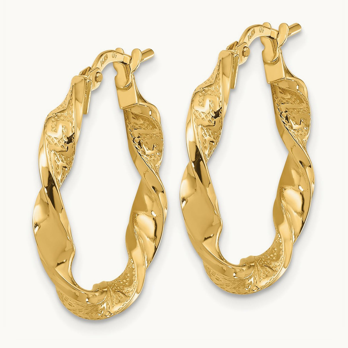 Polished and Textured Twisted Hollow Hoop Earrings, 3mm, 14K