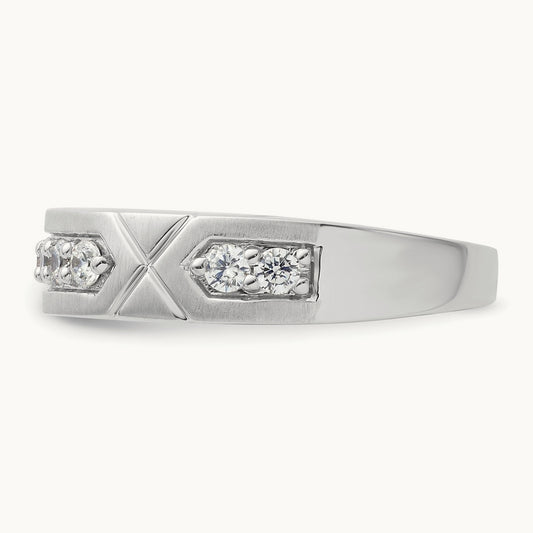 Polished & Satin Grooved Diamond Mens Wedding Band, 14K White Gold
