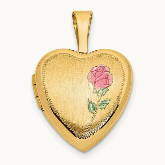 Satin with Enamel Rose Heart Locket, 12mm, 14K