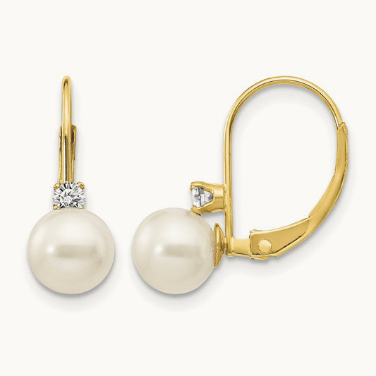 6- White Round FW Cultured Pearl AA Diamond Leverback Earrings, 7mm, 14K