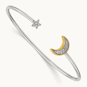Moon w/Star Diamond Cuff Bangle, 14K Two-tone