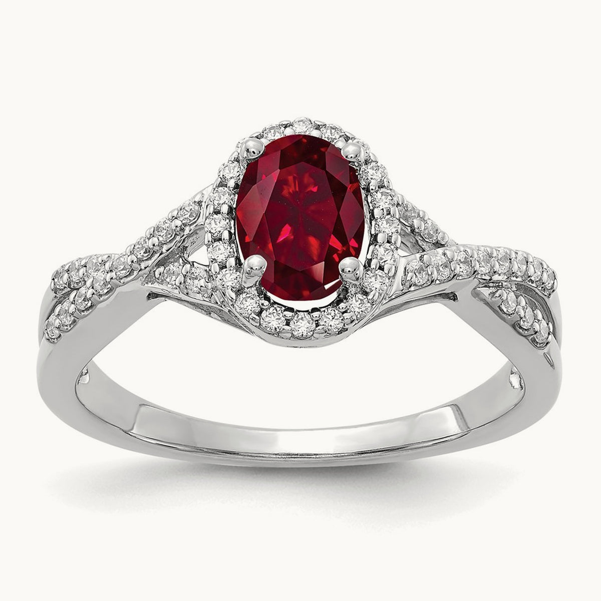 Created Ruby Oval Halo Ring — 14K White Gold, 7