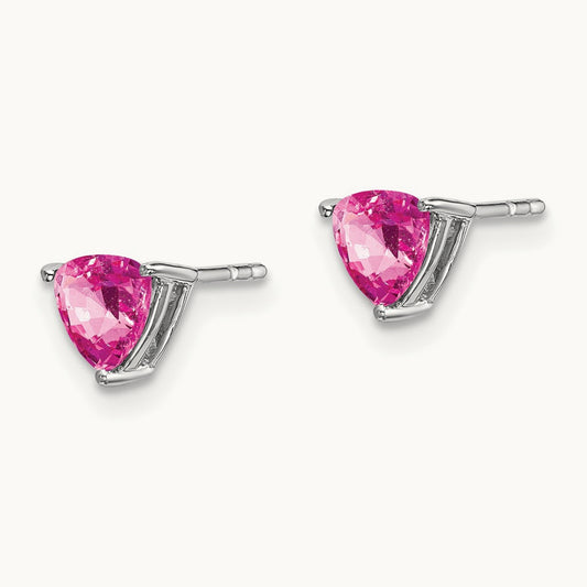 Trillion Created Pink Sapphire Earrings, 14K White Gold