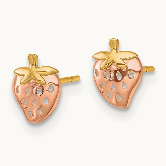 Polished Strawberry Post Earrings, 14K with Rose Rhodium