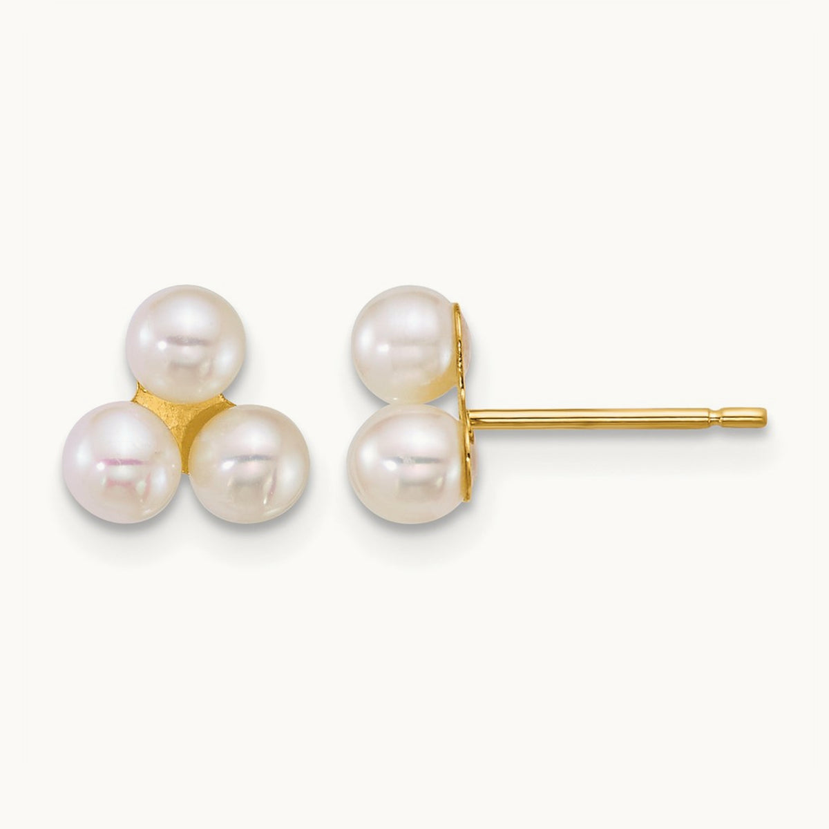 3- Button White Freshwater Cultured 3 Pearl Post Earrings, 4mm, 14K
