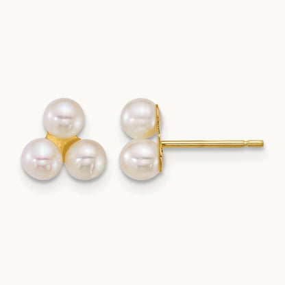 3- Button White Freshwater Cultured 3 Pearl Post Earrings, 4mm, 14K