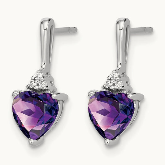 Amethyst and Diamond Heart Earrings, 14K White Gold
