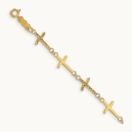 Polished Diamond-cut Crosses w/1in. Ext. Bracelet, 14K