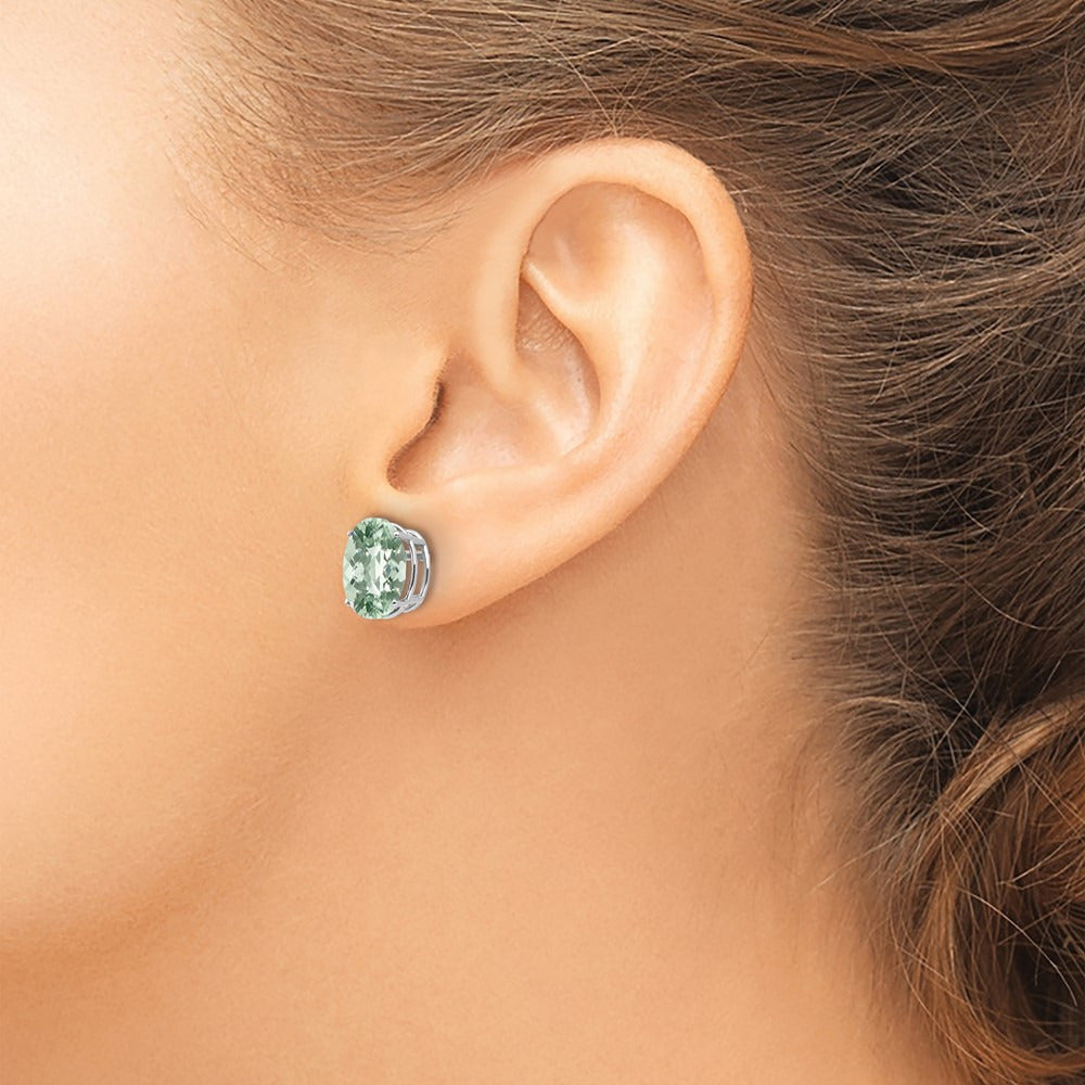 10x8 Oval Checker-Cut Green Quartz Earrings — 14K White Gold