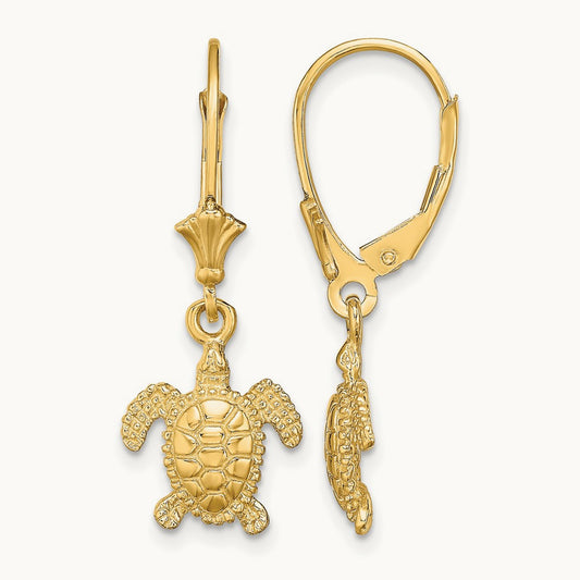3-D Polished Mini Sea Turtle Leverback Earrings, 14K