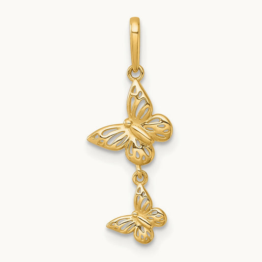 Polished Double Butterfly Moveable Dangle Pendant, 14K