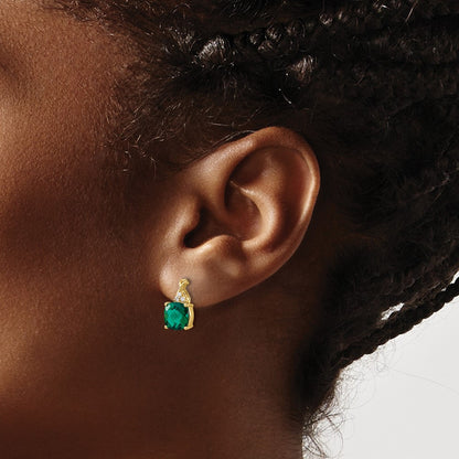 Checkerboard Created Emerald and Lab-Grown Diamond Earrings — 14K Yellow Gold