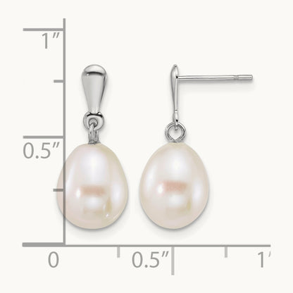 WG 8- Rice White FW Cultured Pearl Post Dangle Earrings, 9mm, 14K
