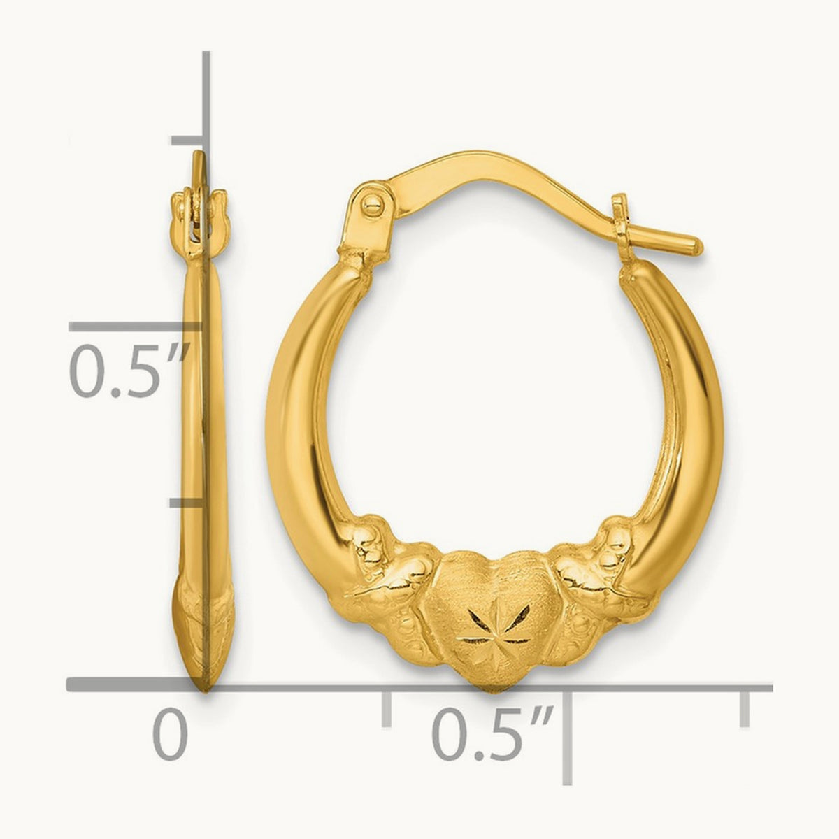 Polished Brushed and Diamond-cut Heart Hoop Earrings, 14K