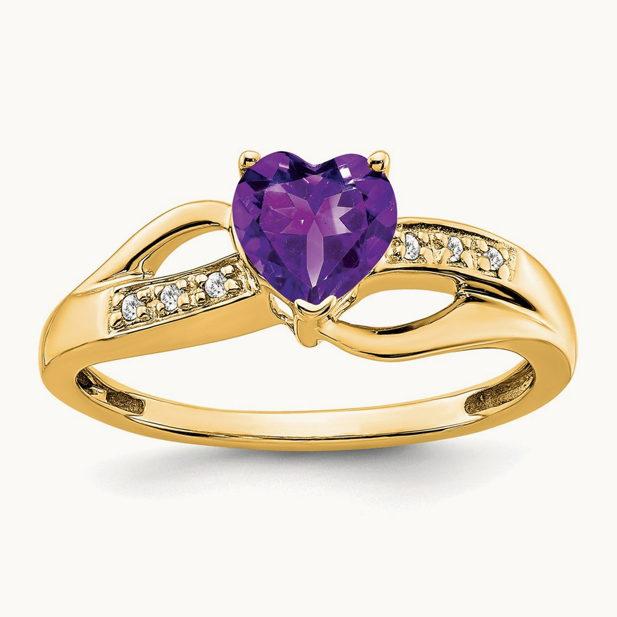 Amethyst and Diamond Heart Ring — 14K Yellow Gold, 7