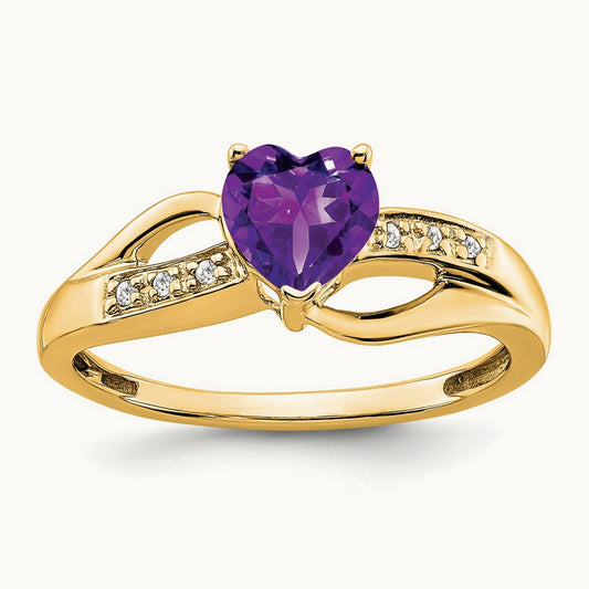Amethyst and Diamond Heart Ring — 14K Yellow Gold, 7