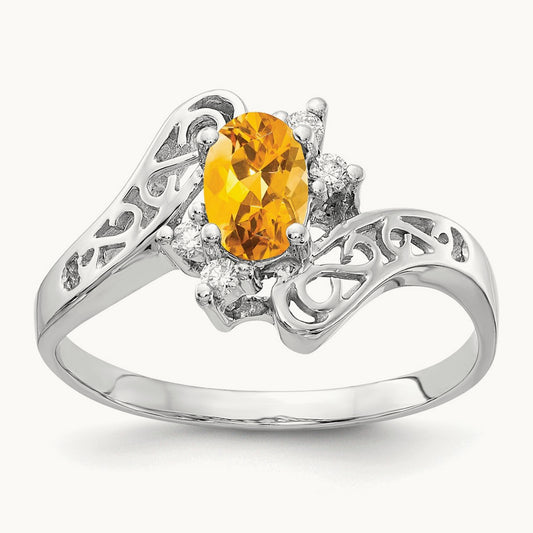 6x4mm Oval Citrine AA Diamond ring, 14K White Gold