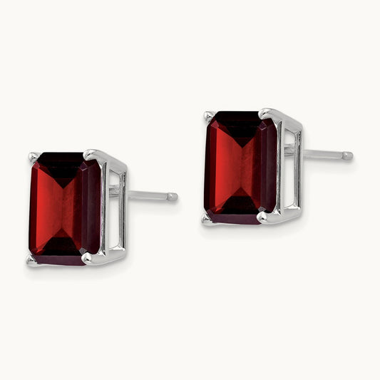 10x8 Emerald Cut Garnet Stud Earrings, 14K White Gold