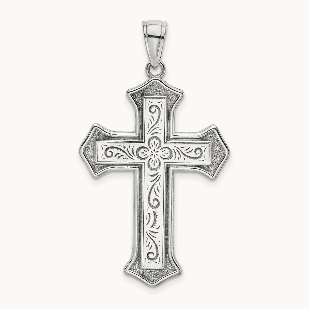 2-D Filigree Center Block Cross Charm — 14K White Gold
