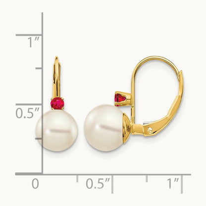 7- White Round FW Cultured Pearl Ruby Leverback Earrings, 7.5mm, 14K
