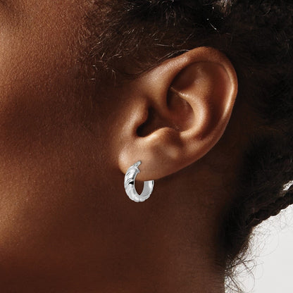 Rhod-plated Polished Textured Hoop Earrings — 17mm