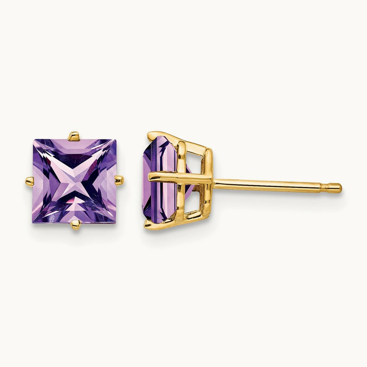 Princess Cut Amethyst Earrings, 6mm, 14K