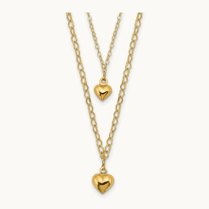 Double Layer Heart Link Polished Hearts 2 in ext. Necklace, 14K
