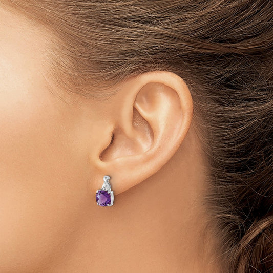Checkerboard Amethyst and Diamond Earrings — 14K White Gold