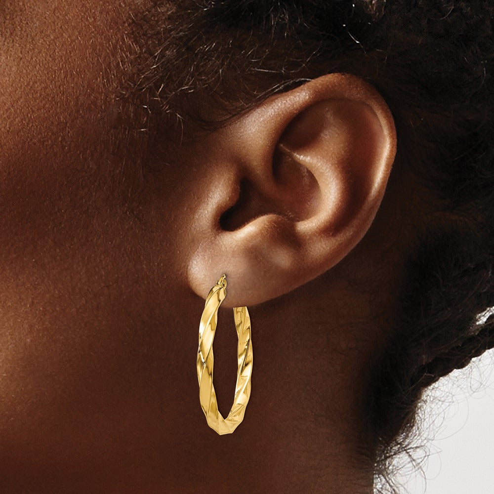 Square Tube Twisted Hoop Earrings — 14K Yellow Gold, 30mm, 3mm