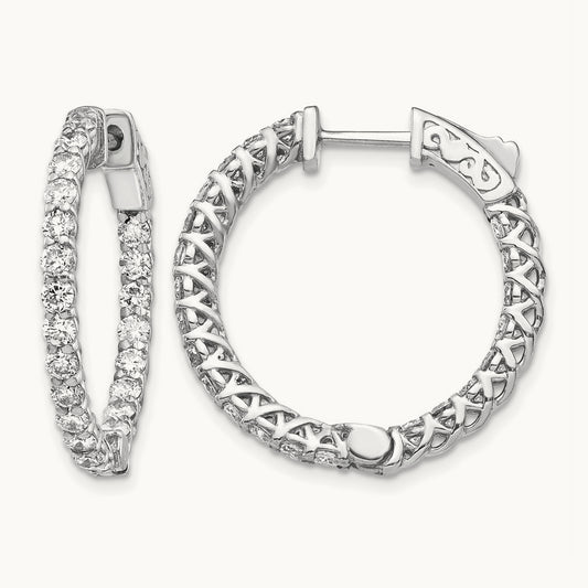 Diamond Round Hoop w/Safety Clasp Earrings, 14K White Gold
