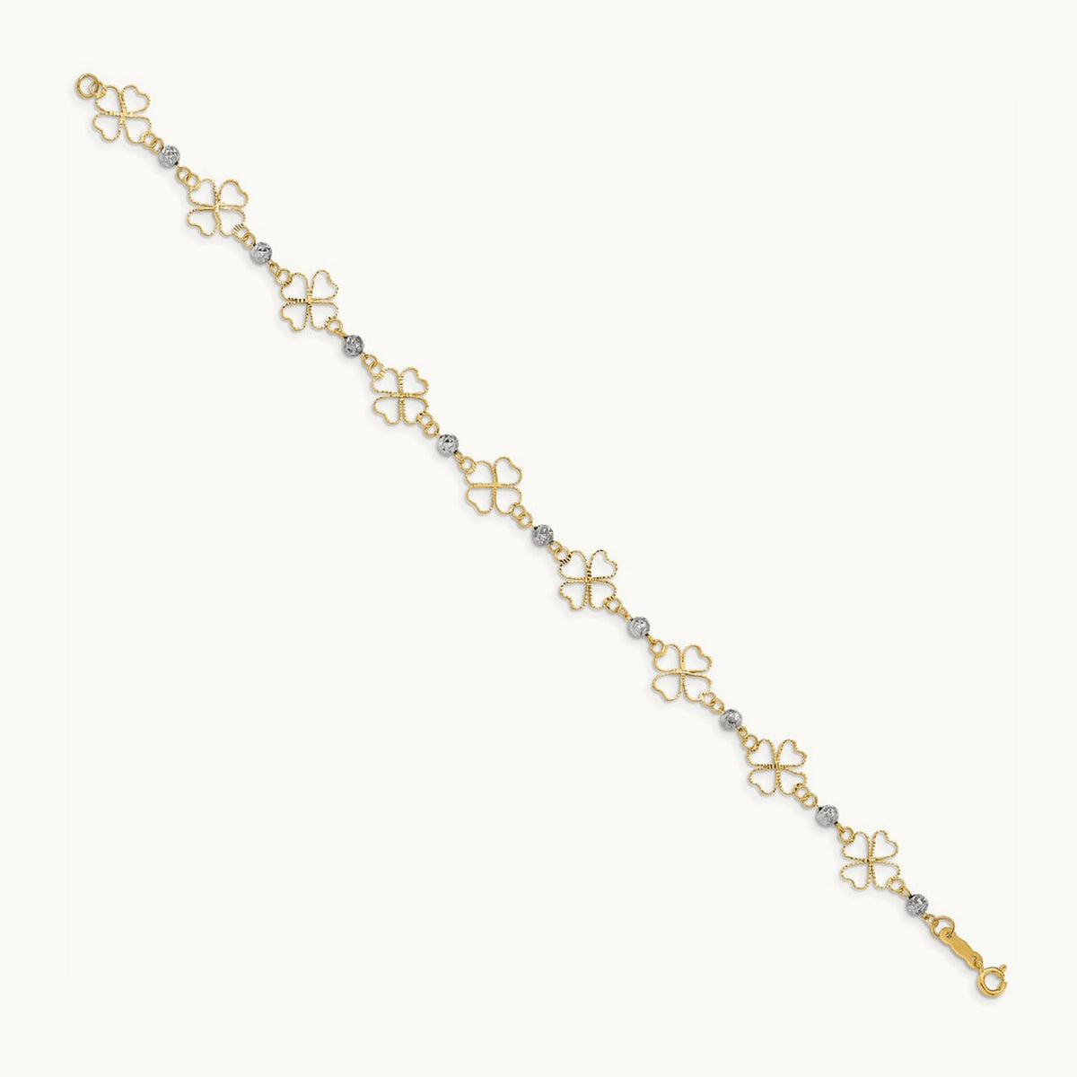 Diamond-cut Open Clovers & Beads Bracelet, 14K Two-tone