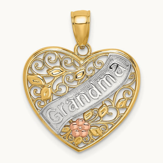 Rhodium GRANDMA In Filigree Heart w/ Flowers Charm, 14K Two-tone White