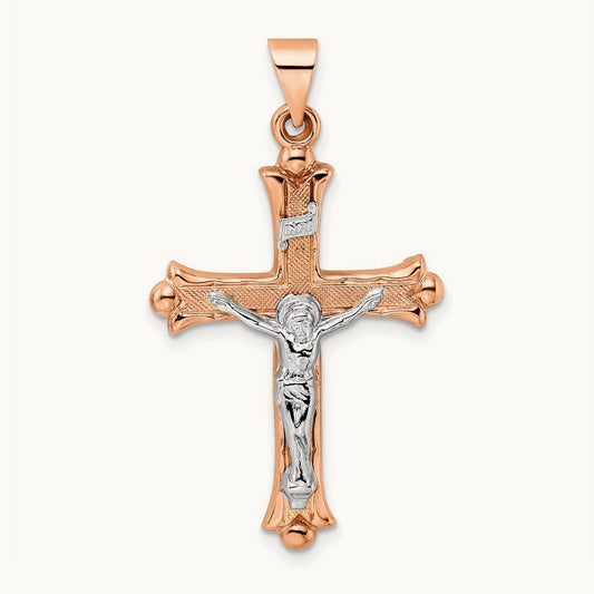Polished Fleur de Lis INRI Hollow Crucifix, 14K Rose with White Gold