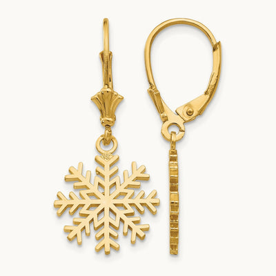 Snowflake Leverback Earrings — 14K Yellow Gold