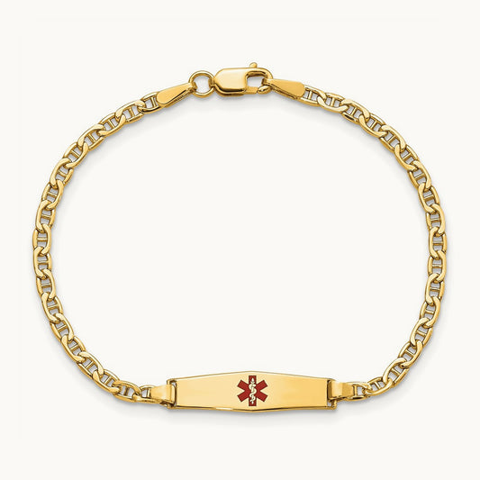 Medical Semi-Solid Soft Diamond Shape Red Enamel Anchor ID Bracelet, 14K