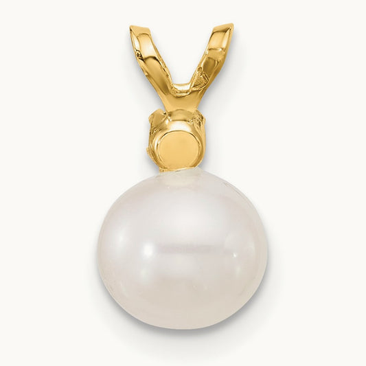7- White Round FWC Pearl Emerald Pendant, 7.5mm, 14K