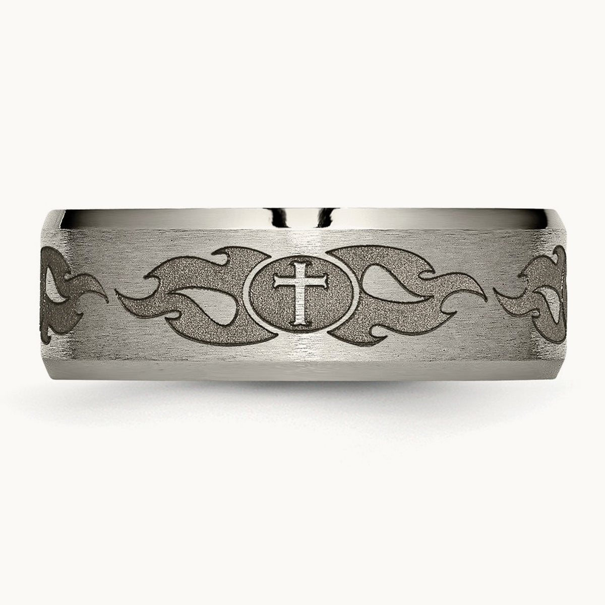 Brushed & Polished Cross Laser Design Beveled Edge Band — photo set