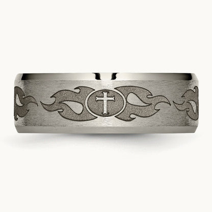 Brushed & Polished Cross Laser Design Beveled Edge Band — photo set