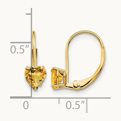 Heart Citrine Leverback Earrings, 5mm, 14K