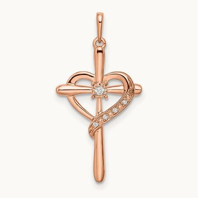 Cross w/Heart Diamond Pendant, 14K Rose Gold
