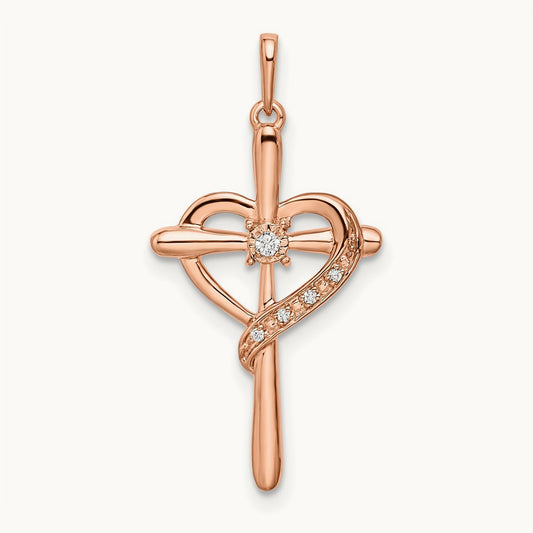 Cross w/Heart Diamond Pendant, 14K Rose Gold