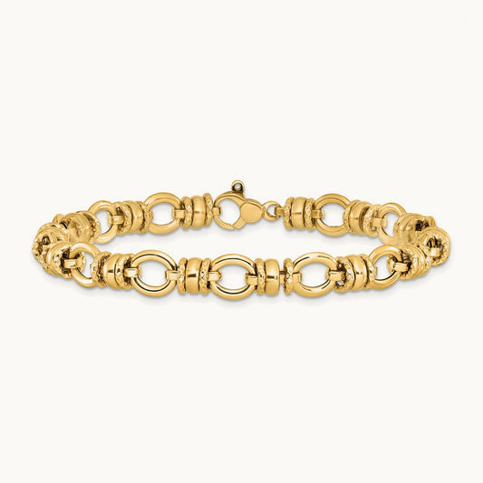 Polished and Textured Fancy Link Bracelet, 14K