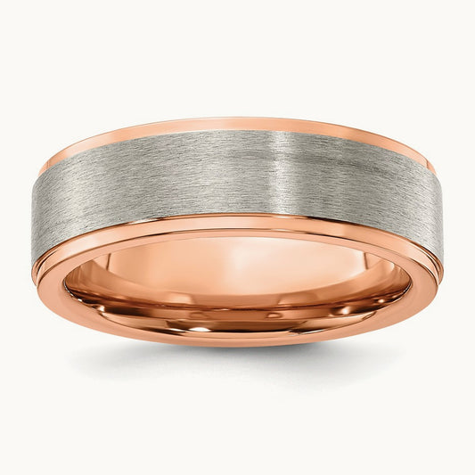 Brushed & Polished Rose IP-plated Band, 7mm, Titanium