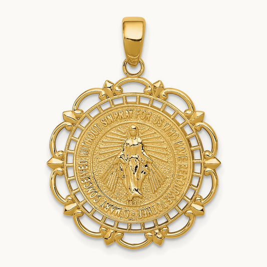 Polished Miraculous Medal With Scallop Frame Pendant, 14K