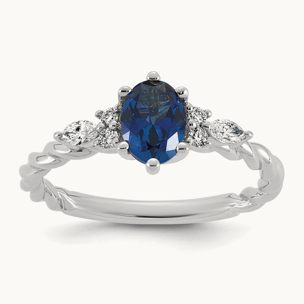 Polished Diamond and Lab Created Sapphire Twisted Ring — 14K White Gold